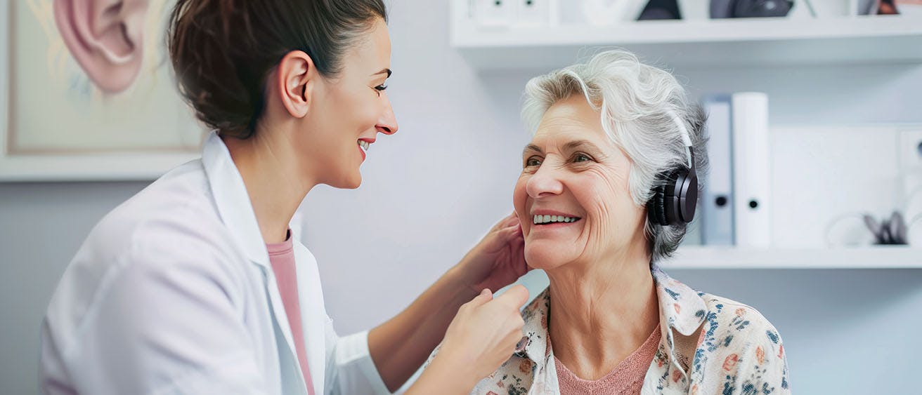 Older woman with headphones doing hearing test in hearing clinic with hearing care professional.