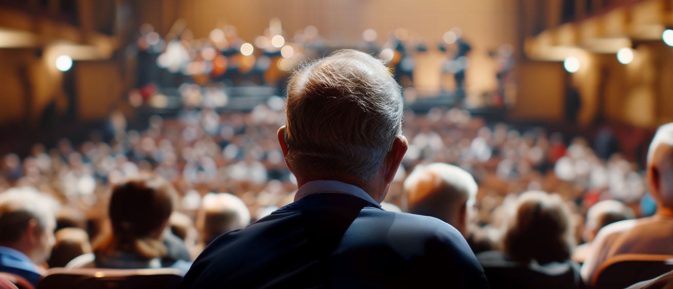 A man seen from the back sitting in a theatre enjoying a concert.