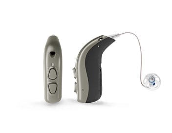 A pair of grey Viron hearing aids with domes.