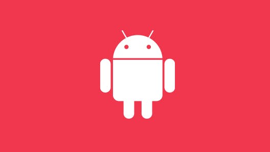 White Android icon on red background.